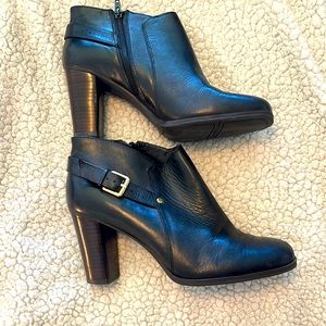 Nine west black booties with wood heel and gold buckle